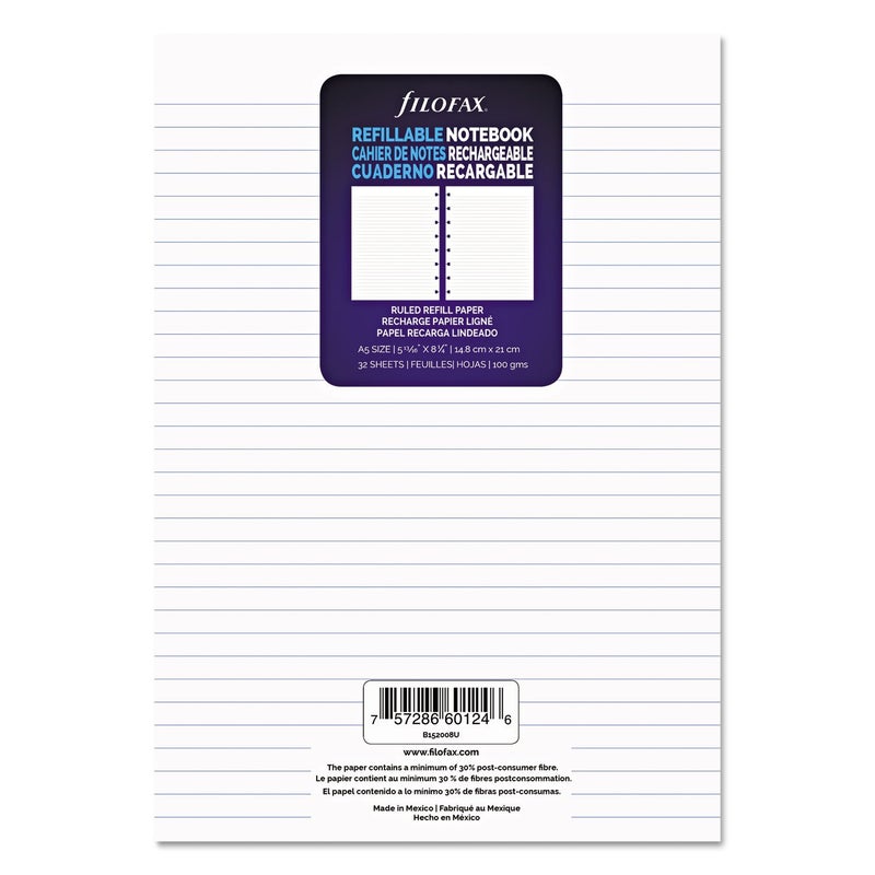 Filofax Notebooks A5 Ruled Journal Refill, Movable, 8 1/4 x 5 13/16 inches, 32 Cream Sheets Fits Filofax Refillable A5 (B152008U) - Image 1
